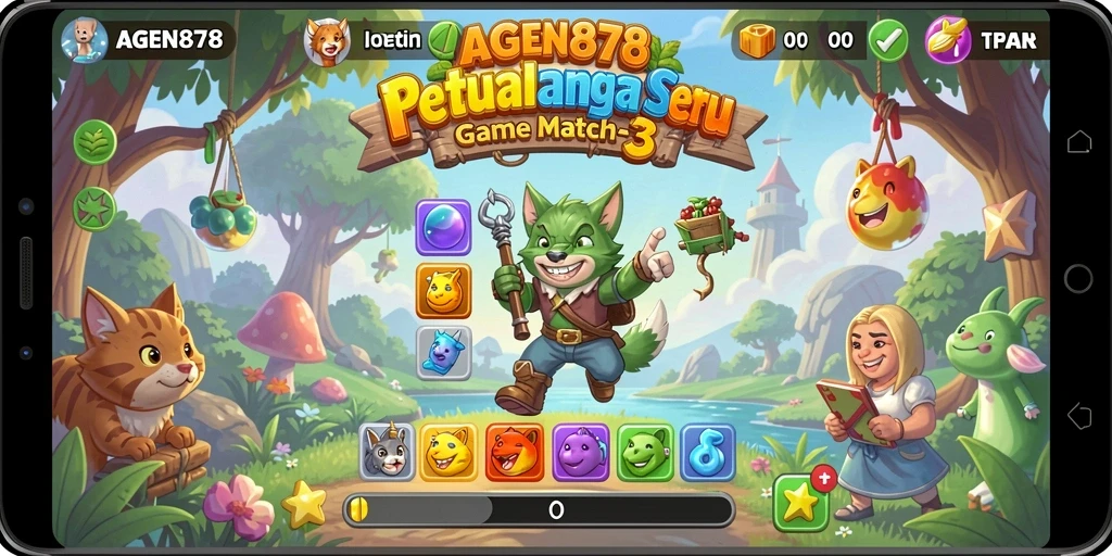 Screenshot AGEN878 menampilkan aksi gameplay seru dalam mencocokkan gem.