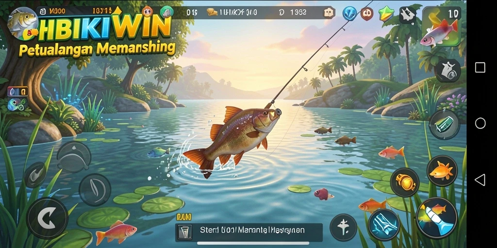 Menampilkan gameplay seru di HIBIKIWIN dengan aksi menangkap ikan.
