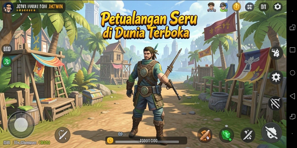 Screenshot gameplay JKTWIN menampilkan petualangan di dunia terbuka yang luas.