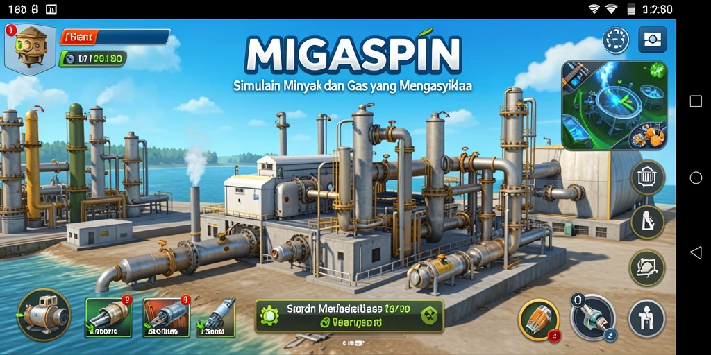 Tampilan gameplay MIGASPIN menunjukkan manajemen ladang minyak dan gas.