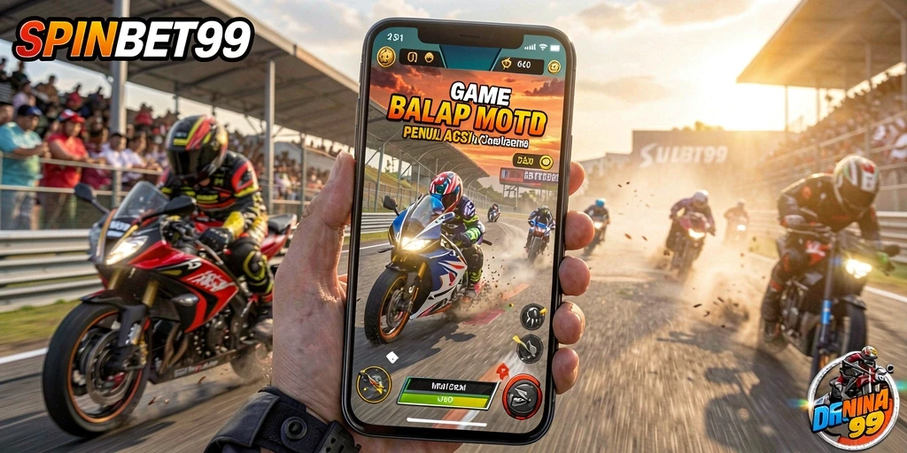 Screenshot SPINBET99 menampilkan aksi balap motor seru di lintasan.