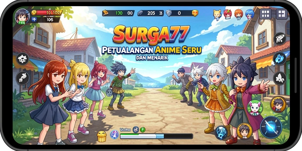 Tampilan gameplay SURGA77 yang penuh aksi dan karakter anime.